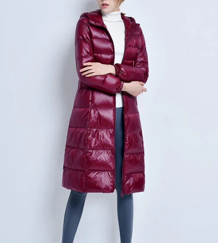 Новинка, зимняя теплая куртка, пальто для женщин, ультра-светильник, тонкий, мощный, длинный, белый утиный пух, куртка для женщин, с капюшоном, пуховики для женщин - Цвет: wine