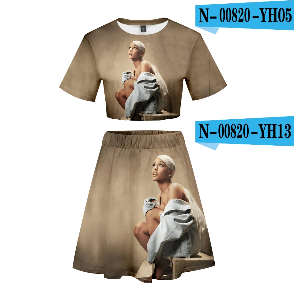 Ariana Grande/костюм с 3D короткой юбкой, Лидер продаж, футболка с короткими рукавами и короткая юбка, костюм из двух предметов, Новые повседневные комплекты высокого качества - Цвет: Серый