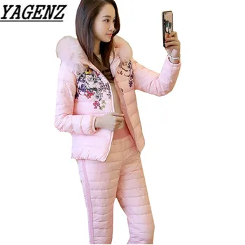 

Winter Two-piece set Women Cotton Suits 2017 Fashion Slim Printed Hooded Tops+Pants Warm Down cotton Casual Lady Clothing Sets