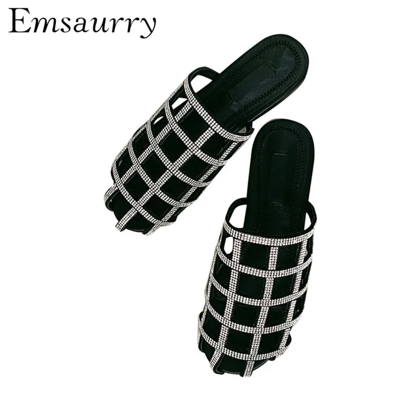 

New Spring Bling Sequins Flat Slippers Women Network Rhinestone Summer Outwear Mules Fashion Summer Women Slides