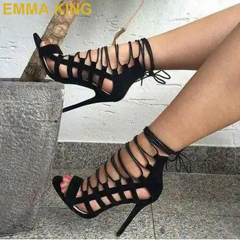

Black Leather Women Gladiator Sandals Summer Shoes High Heels Cross Strappy Lace Up Cut-out Ladies Sexy Sandals Runway Shoes