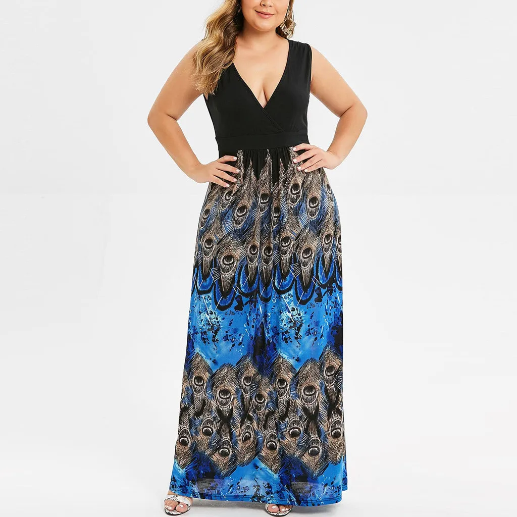 Plus Size Women Long Dress Summer Dress 2019 Dresses Woman Party Night Peacock Feather Print Sleeveless V-Neck Party Maxi Dress Plus Size Women Long Dress Summer Dress 2019 Dresses Woman Party Night Peacock Feather Print Sleeveless V-Neck Party Maxi Dress