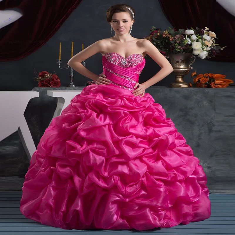 Vestidos De Quinceaneras милое бисерное ярко-розовое Пышное Платье из Тафты Бальные платья милые 15 платья Сладкие 16 принцесс