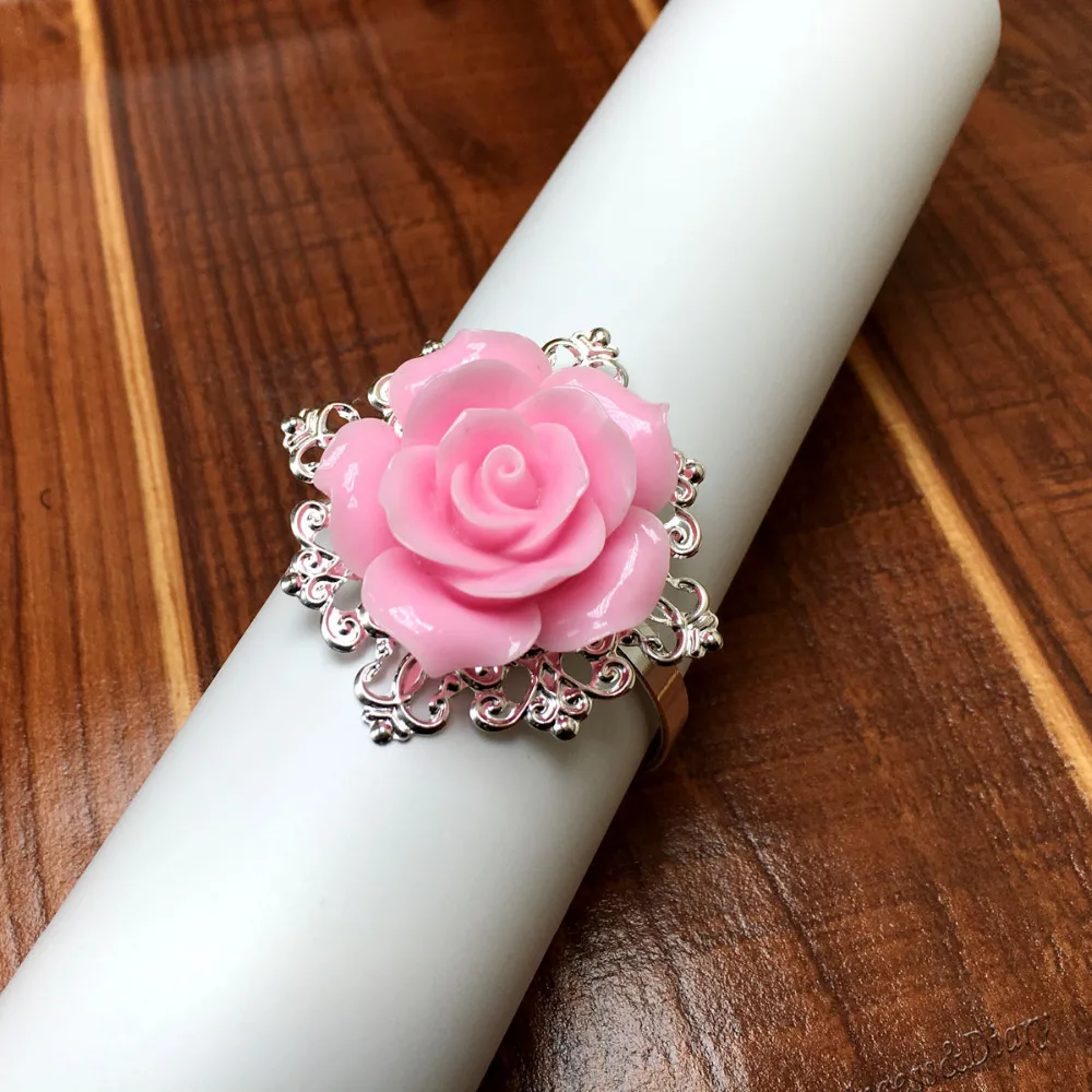 100pcs/lot Pink Rose Napkin Ring Silver Hoops Romantic Nice Looking Weeding Party Table