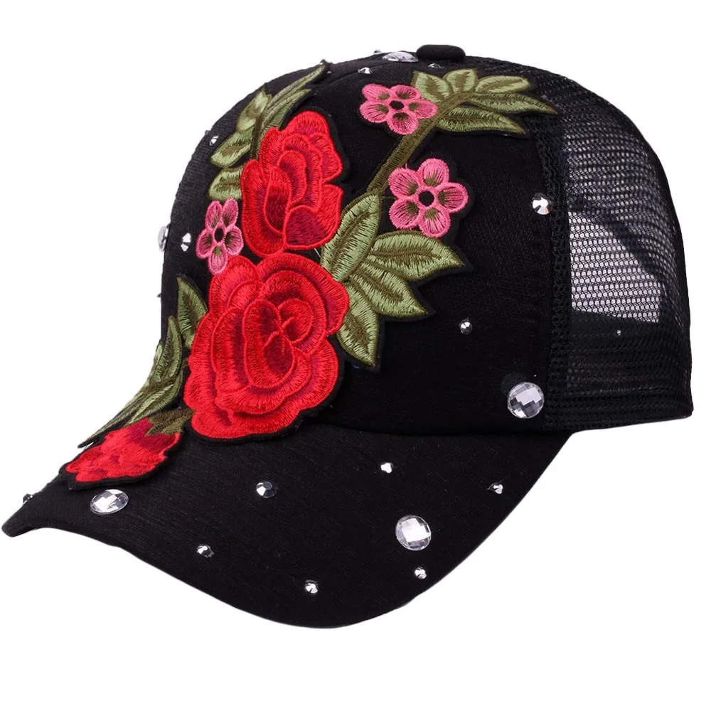 Бейсболка женская красный цветок розы со стразами Snapback Кепка с папой шляпа хип
