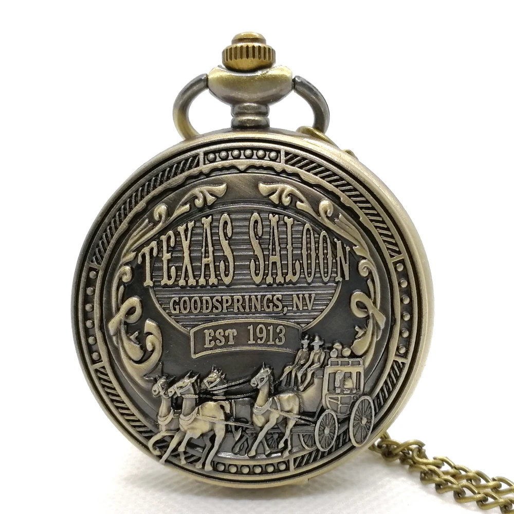 

Retro TEXAS SALOON GOODSPRINGS,NV EST1913 Quartz Pocket Watch Pendant Necklace Men Women Watches Chain Gift Box Reloj Montre