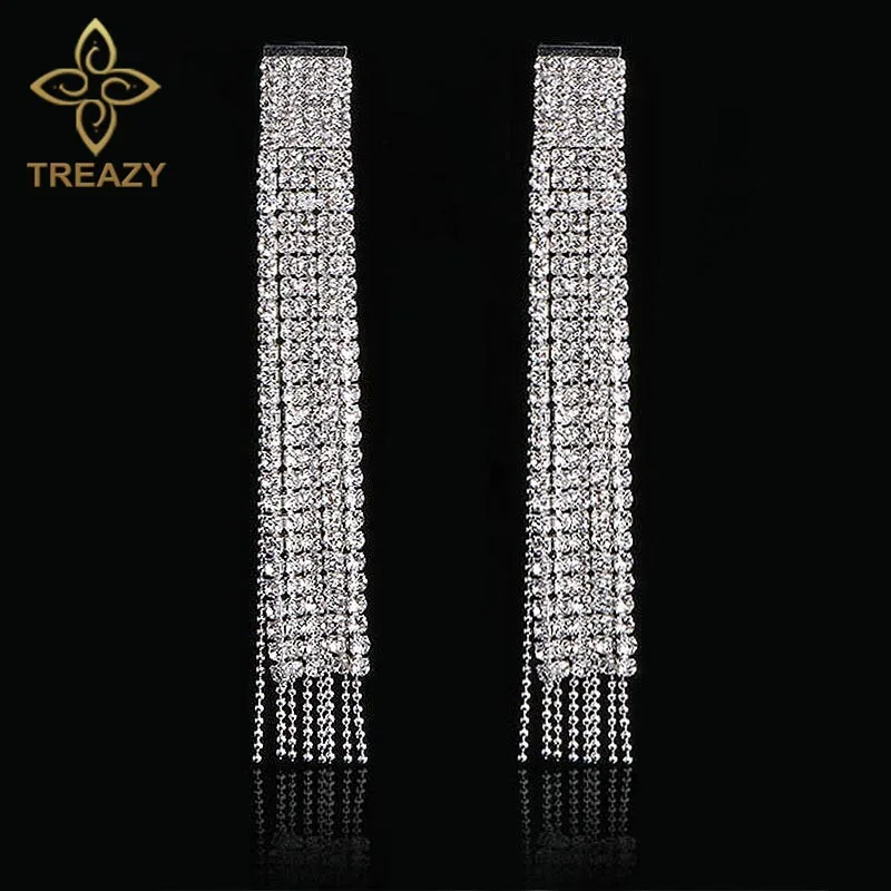 

TREAZY Silver/Black Color Long Crystal Tassel Dangle Earrings for Women Bar Wedding Bridal Drop Earing Fashion Jewelry Gifts