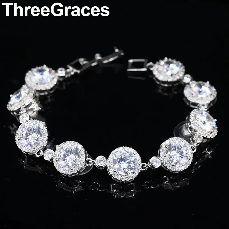 ThreeGraces сверкающие белые Cubiz циркониевые Кристаллы Элегантный серебряный набор посуды круглой формы вечерние теннисные браслеты для женщин BR128