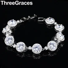 ThreeGraces сверкающие белые Cubiz циркониевые Кристаллы Элегантный серебряный набор посуды круглой формы вечерние теннисные браслеты для женщин BR128