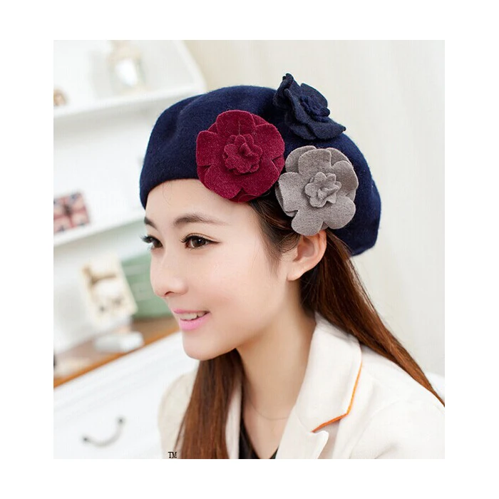 

Fashion Beret hat female Beanie with three pieces flowers winter wool Cap for ladies Hot sale clothing set