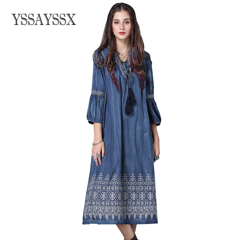 

YSSAYSSX Vintage Embroidered Sleeve Denim Dress New V-Neck Solid Color Loose Big Hem Denim Dress Lace Splice Fold Denim Dress