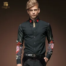 Новая модная повседневная мужская рубашка с длинными рукавами в Корейском стиле черная рубашка с вышитыми цветами 2033 FanZhuan