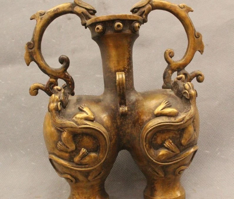 

9" Chinese China Feng Shui Bronze Lucky Two Dragon Unicorn Vase Pot Sculpture