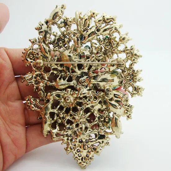 TTjewelry Classic Style Green Crystal Rhinestone Dual Droplets Flower Art Nouveau brooch pins Gold Tone pendants