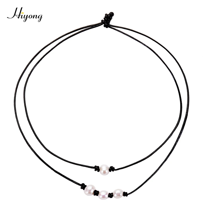 Single OVAL Pearl Leather Choker Necklace