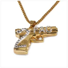 Hip Hop Mens Rap Gold Plated 2PAC Gun Pendant Long Body Chains Necklaces & Pendants For Men Women Jewelry Accessories