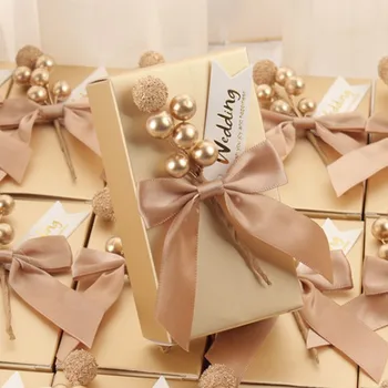 

10pcs Gold Candy Box Pear Flower Wedding Favors for Guests Sweet Packaging Gift Box with Ribbons Baby Shower Party Decoration