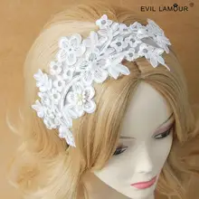 White Lace Flower Splicing Pearl Hairbands Hand Made Bridal Wedding Hair Accessories Woman Wide Lace Headbands