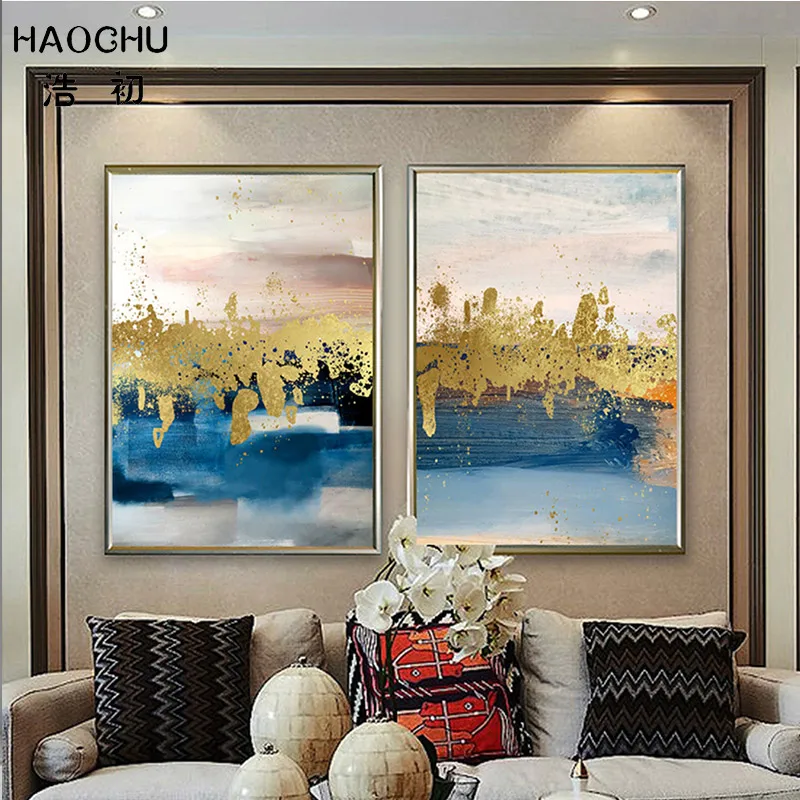 HAOCHU ретро золотая фольга белая синяя текстура холст живопись абстрактные