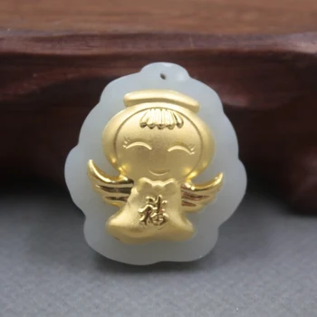 

New Fine 24K Yellow Gold & Hetian Jade Pendant Women Men Blessing Guangong Pendant / 28x25mm