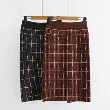 Осенне-зимняя юбка размера плюс для женщин, вязаные юбки для женщин, сексуальные прямые юбки с разрезом, эластичная резинка на талии, теплые плотные вязаные юбки в клетку