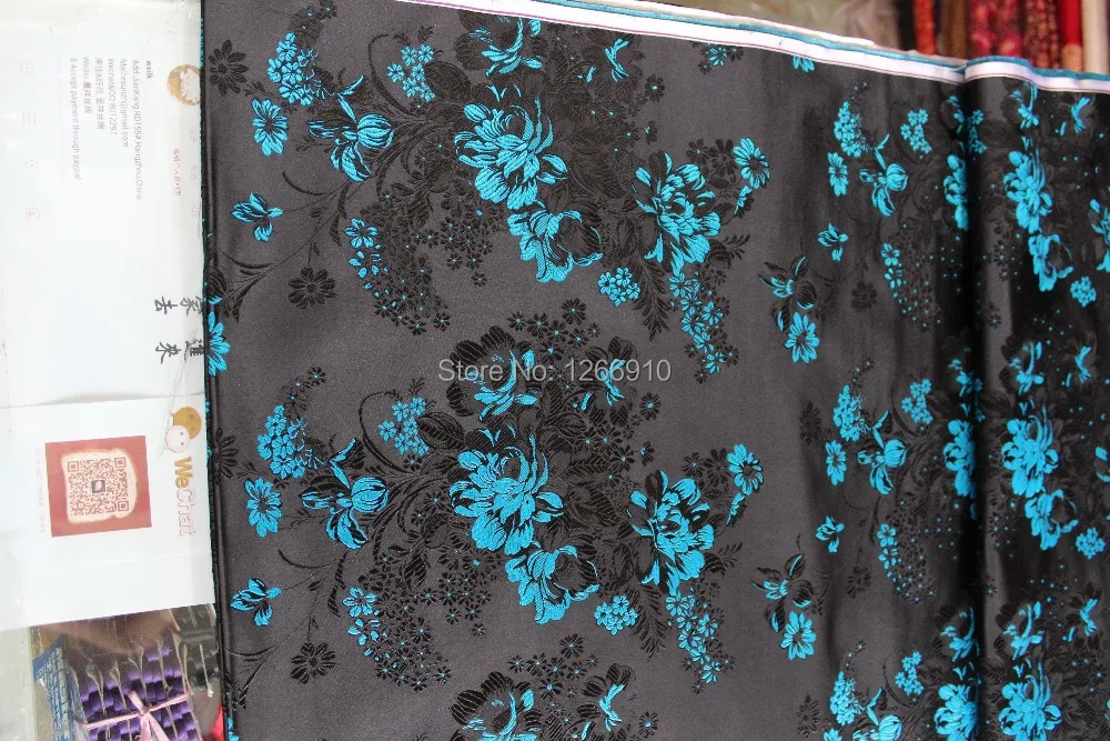 Китайский шелковой парчи тканые Дамаск ткань для пошива Чонсам подушки черный сзади с большой deep sea синий цветы пиона