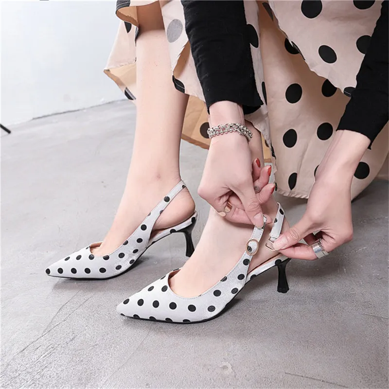 

2019 Summer Female Sandals Pointed Toe High Heels Spot Color High Heels Pumps Zapatos Mujer Shallow Office Shoes S1558