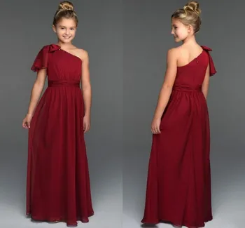 

Burgundy Chiffon Princess Dress with Pleats Bow One Shoulder Zipper Back Customized Flower Girl Dress For Wedding New Arrivals