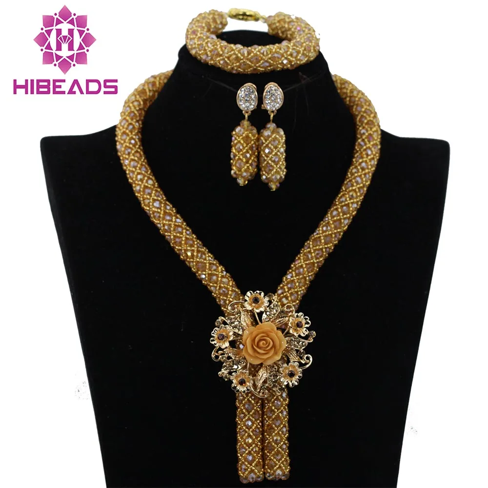Wholesale Champagne Gold Nigerian African Wedding Beads Jewelry Set