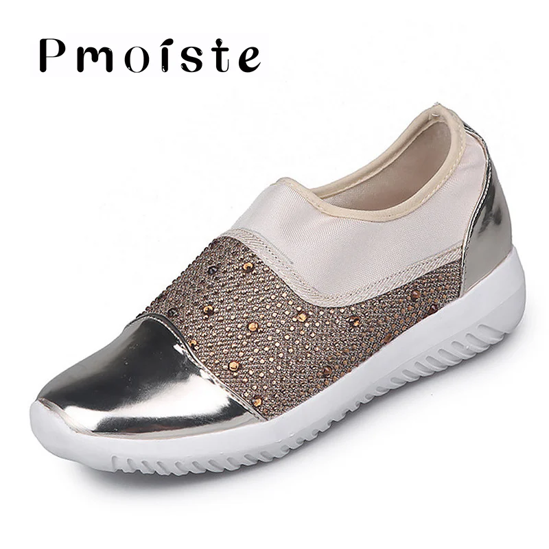 Женские кроссовки с кристаллами; большие размеры 5,5-12; модная Вулканизированная обувь для женщин; удобные нескользящие женские кроссовки