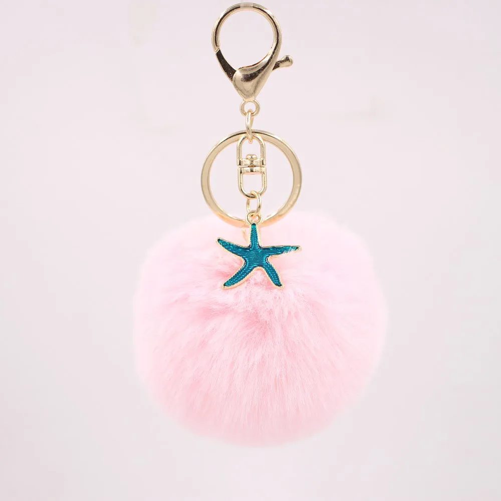 

Summer Vibe Beach Blue Starfish Fur Keychain Pompom Fake Fur Ball Key Chain Fluffy Pompon Keyring Bag Charms Key Ring Chaveiros