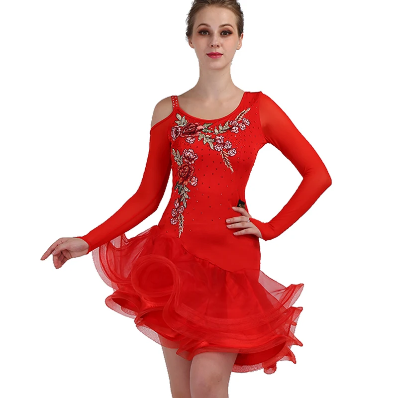 Red latin dance competition dresses tango latin dress woman girls