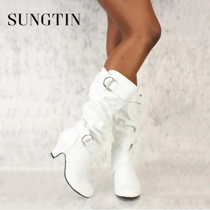 Sungtin/сезон весна-осень; модные женские сапоги до середины икры с пряжкой на ремешке; женские классические сапоги из искусственной кожи на среднем каблуке; обувь размера плюс