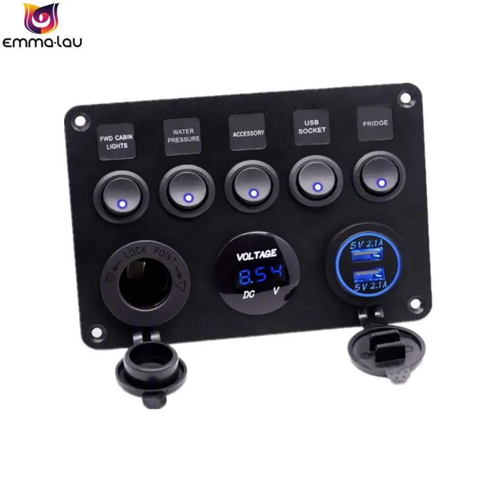 Dual USB Socket Charger 2.1A + LED Voltmeter + 12V Power Outlet + 5 Gang ON-OFF Toggle Switch Multi-Functions Panel for Car Boat Dual USB Socket Charger 2.1A + LED Voltmeter + 12V Power Outlet + 5 Gang ON-OFF Toggle Switch Multi-Functions Panel for Car Boat