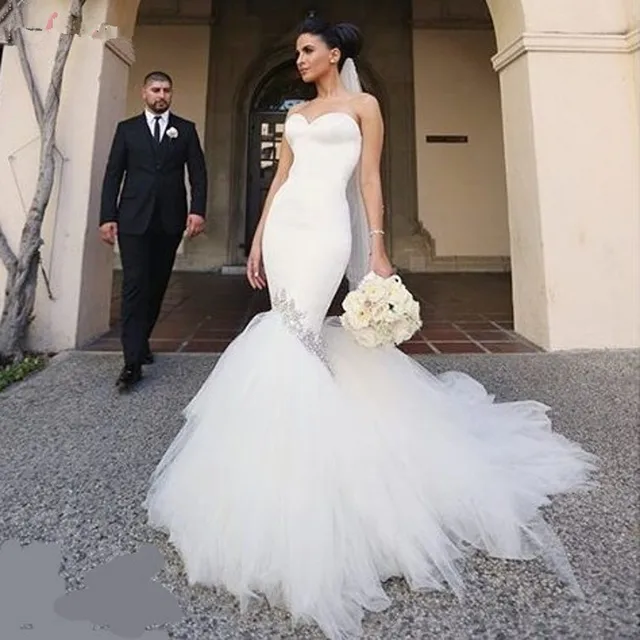 Elegant Korean Tulle Wedding Dress 2017 White Fishtail Bride Gowns Mermaid Court Train Sexy Backless Cheap Elegant Korean Tulle Wedding Dress 2017 White Fishtail Bride Gowns Mermaid Court Train Sexy Backless Cheap