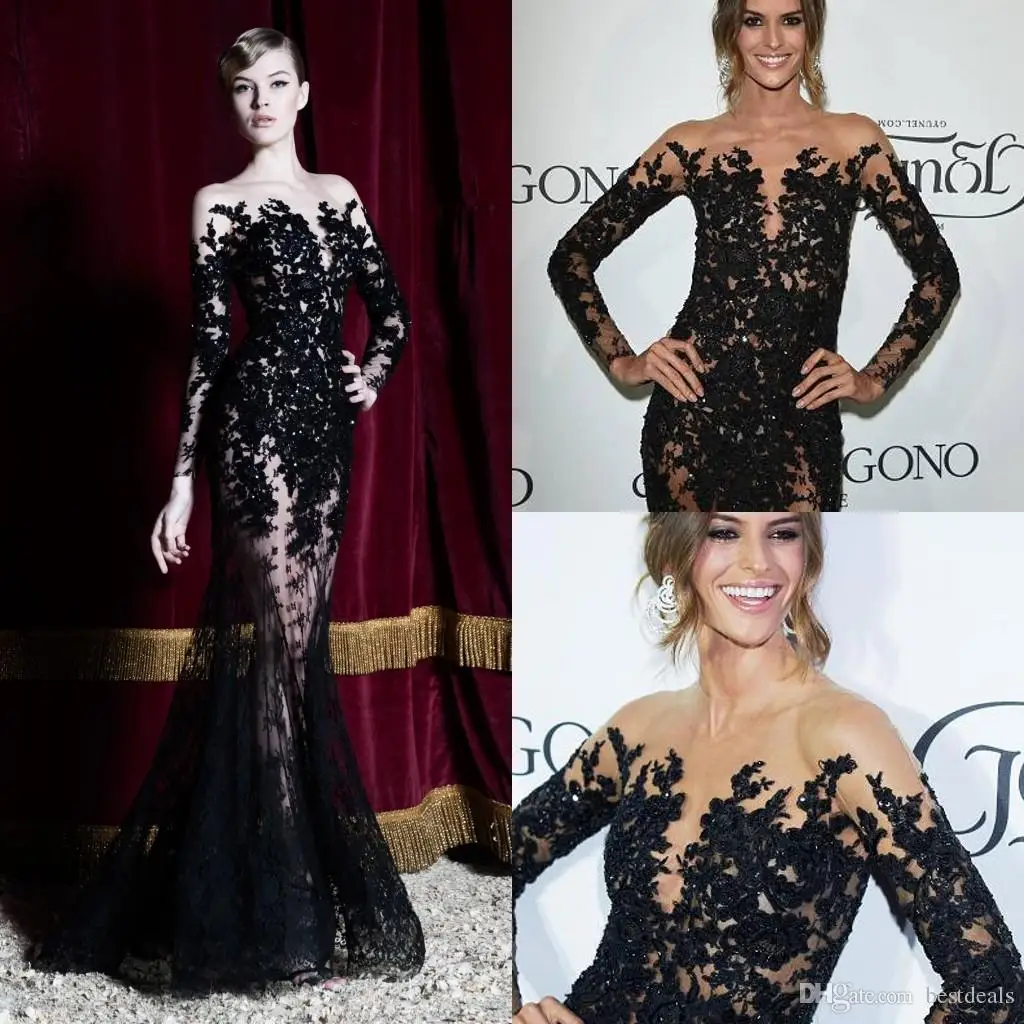  New Zuhair Murad 2016 Sheer Black Lace Mermaid Evening Dresses With Long Sleeves Crew Neck Floor Length Evening Gowns Formal Dresses BO9727