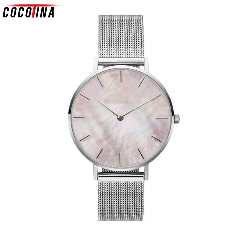 

Cocotina Stainless Steel Mesh Strap Luxury Watch Women Pink White Nature Seashell Quartz Automatic Waist Watches Ladies