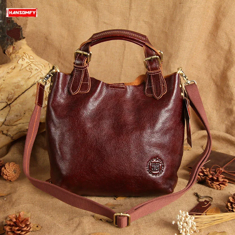 

2019 new top layer cowhide women handbags ladies shoulder bag female simple large capacity messenger bag retro brown leather bag