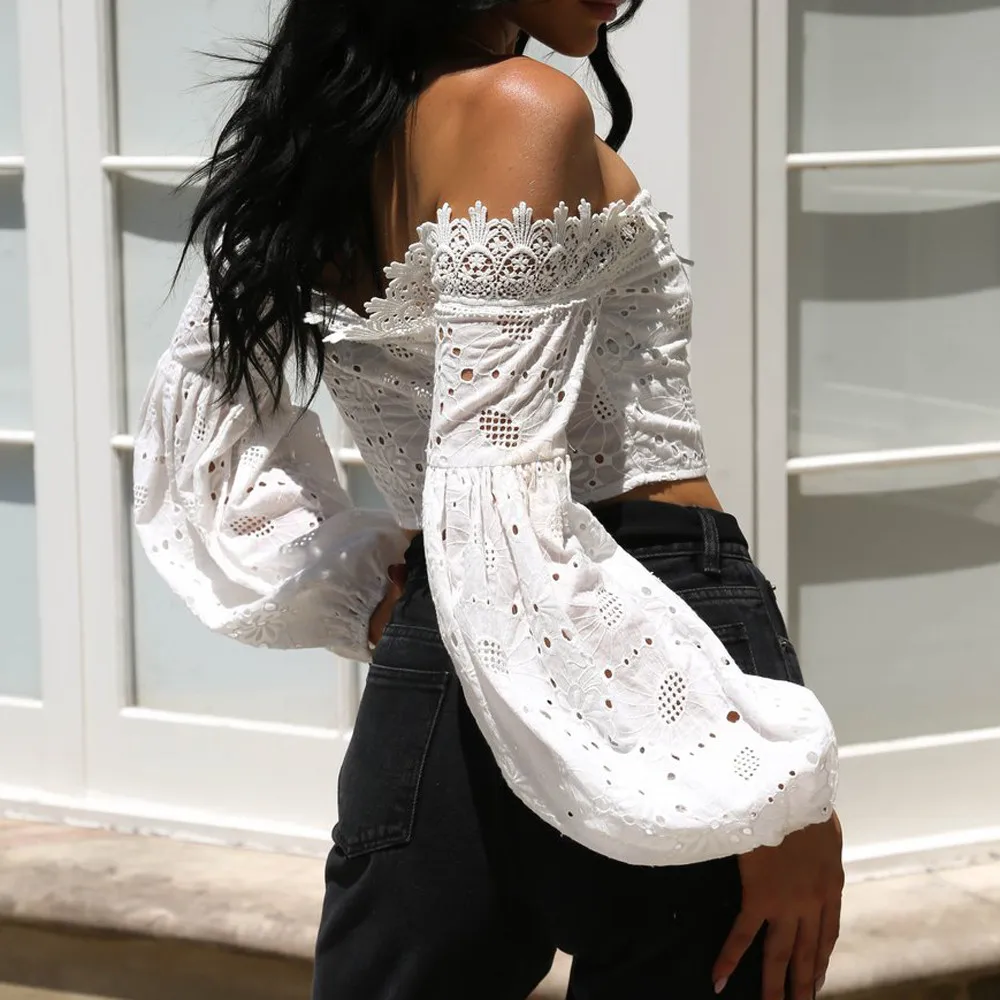 Страусиная роскошная женская пляжная блузка с открытыми плечами летняя Кружевная блуза с длинным рукавом, свободная белая блузка Топы