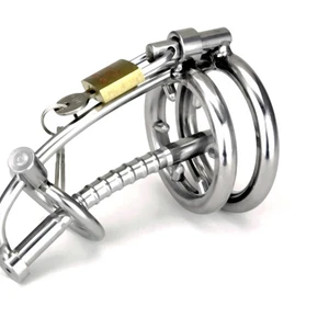 Stainless Steel Male Chastity Device with Catheter and Anti-Shedding Ring,Cock Cage,Penis Ring,Adult Game,A092