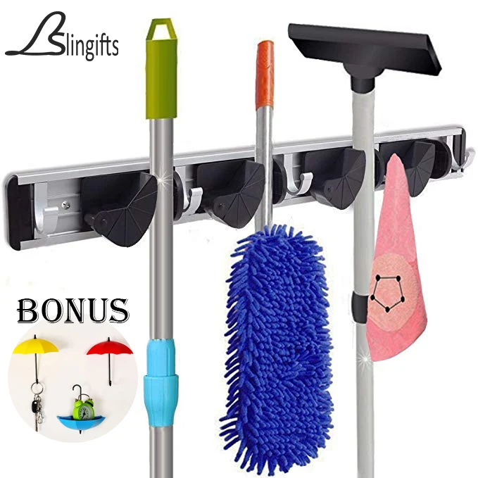 

Slingifts Multi-functional Mop Rack Senior Aluminum Clip On Broom Holder Garden Tool Organizer for Rake or Mop Free 3 pcs Hook