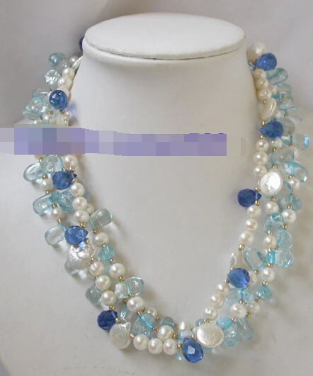 

huij 004548 Stunning white round freshwater pearl blue crystal necklace