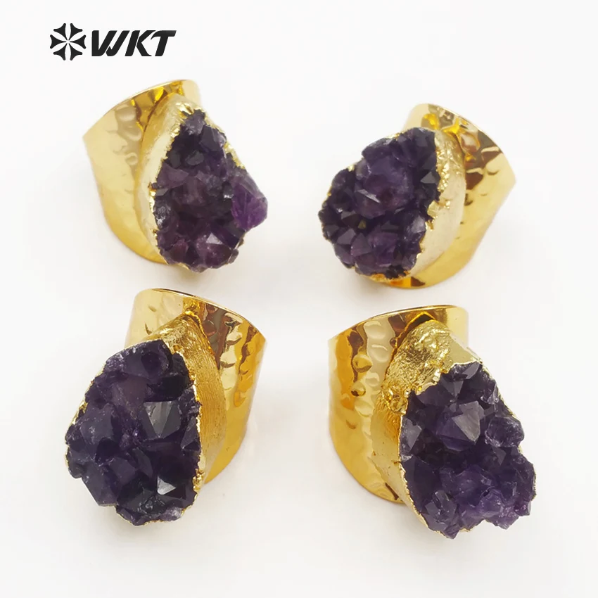 

WT-R102 Wholesale Special Design Custom Natural Druzy Lavender With Gold Electroplated Fashion Jewelry Making Ring