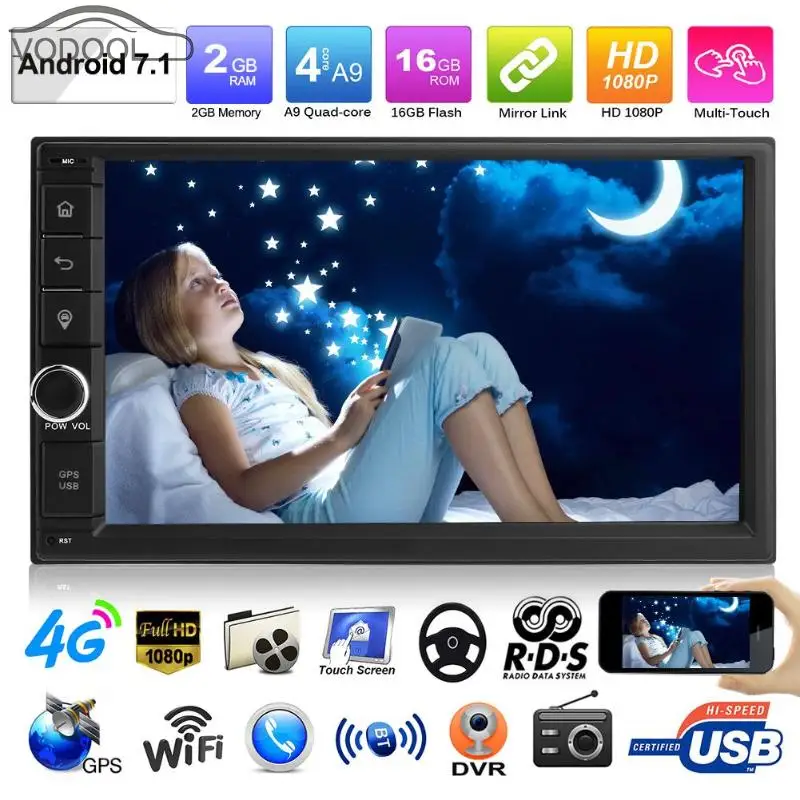 

7" 2 Din Touch Screen Auto Car Stereo Radio 4G WiFi Bluetooth A2DP OBD 4-core Android 7.1 Autoradio Audio Video Player GPS ADAS