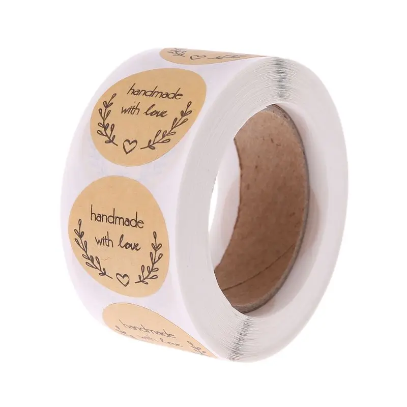 

500pcs Natural Handmade With Love Kraft Paper Stickers Round Adhesive Labels Baking Scrapbooking Wedding Party Favors
