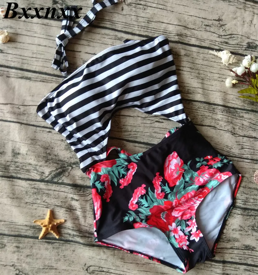 BXXNXX Women Green Leaf Print Swimsuit Striped High Waist Bottom