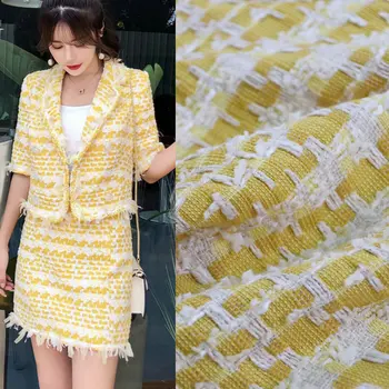 

yellow color braided tweed fabric,yarn dyed brocade wool tweed fabric for women coat,cotton and viscose blended tissus au metre