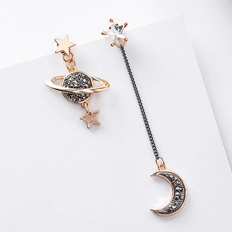 

2018 Fashion Vintage Asymmetric Rhinestone Star Moon Universe Planet Stud Earrings for Woman Jewelry Christmas Gifts Pendientes