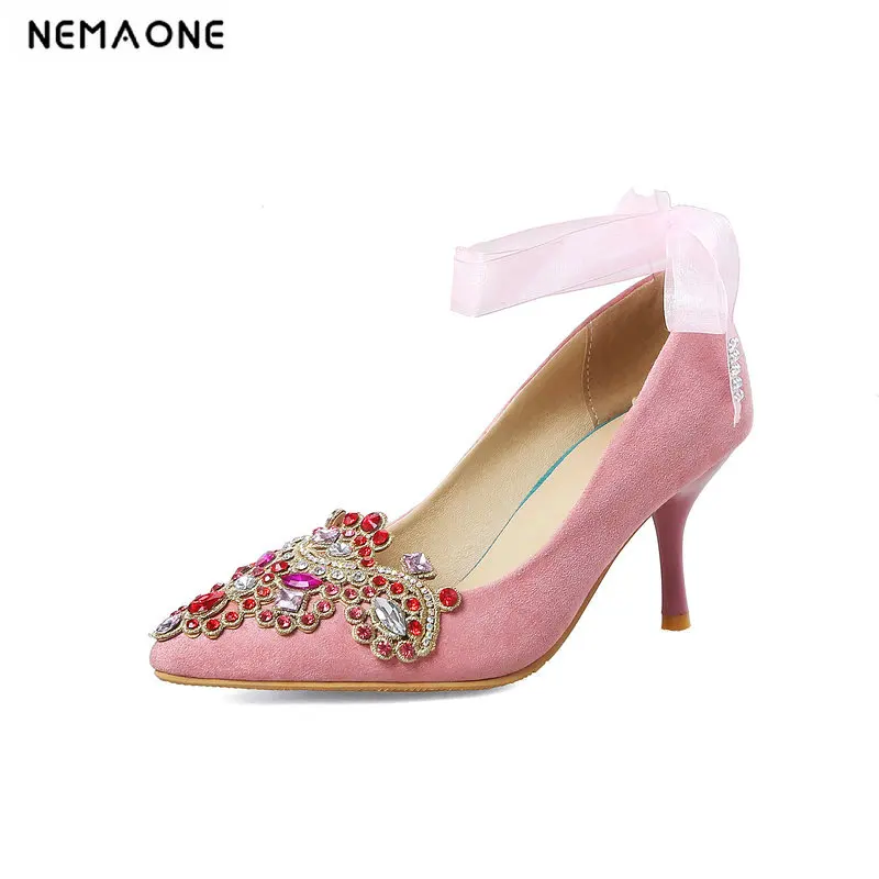

2019 Women Pumps Rhinestone High Heels Shoes Women Pointed Toe Crystal Pearl Party Shoes Sexy Wedding Shoes size 34-43