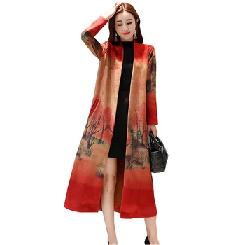 

Autumn New Windbreaker 2018 Women National style Long Spring Suede Coat Female Retro Printing Slim Windbreaker Coat DITING0097